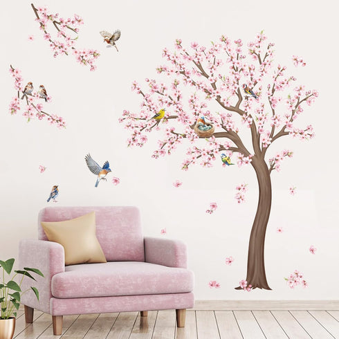 59 inches/150 cm) decalmile Large Cherry Blossom Tree Wall Stickers Pink Flower Birds Tree Branch Wall Decals Living