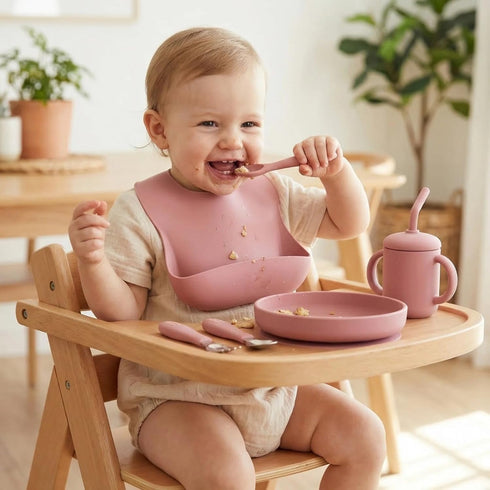 Set 6+ 9pcs Silicone Baby Feeding BPA-Free Food Grade Silicone, Suction Plate, Bib, Training Cup & Utensils for Baby