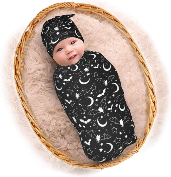 Goth Baby Stuff, Newborn Swaddle Blanket with Beanie Hat Set, Black Baby Receiving Blanket for Boys and Girls