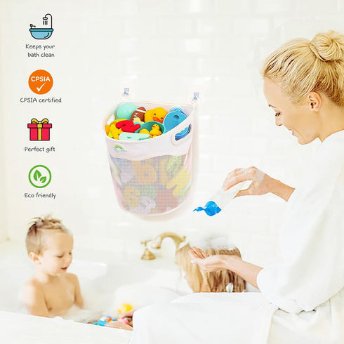 Quick-Fetch Way Mesh Bath Toy Holder, Large Capacity Wall-Mounted Bath Toy Organizer for Quick Access to Toys