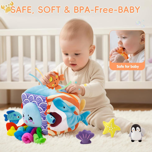 6-12 5 6 1-3 SAIMAND Baby Toys MonthsMystery Soft Box with Plush Marine Animals,Rattle,Crinkle Paper & MirrorMontessori