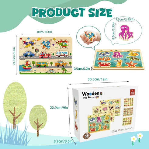 2-4, 6 Pack 1-3 3-5 Wooden Peg Puzzles for Toddlers Educational Peg Puzzles Montessori Toys, Learning Puzzles for Kids