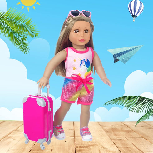 XFEYUE 23 18 inch Set Pcs American Doll Clothes and Accessories - Suitcase Luggage , Pillow, Sunglasses, Camera
