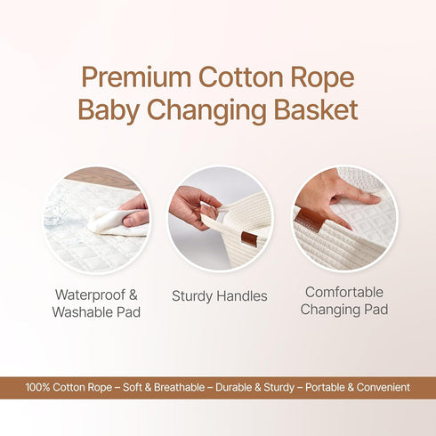Royal Snuggle Baby Changing Basket with Waterproof Pad, Premium Cotton Rope Foldable Diaper Changing Mat for Dresser