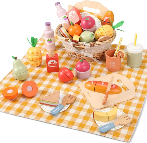 Pithfor Picnic Playset, Wooden Play Food Set for Kids Kitchen, Cutting Pretend