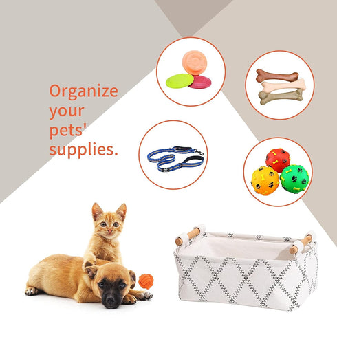 Decorative Rectangular Fabric Storage Bin Organizer Basket with Wooden Handles for Clothes, 12.6x8.7x4.7 inch, White