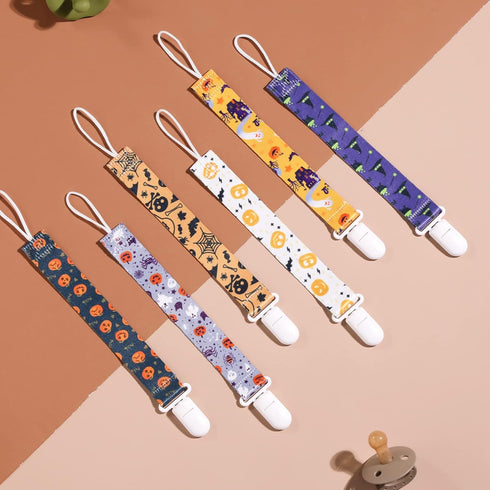 Halloween Pacifier Clips 6 Pack Binkie Paci Holder Clips for Boys and Girls Fits Most Pacifiers & Toys (Bone, Skull,
