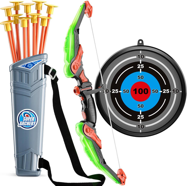 TEMI Kids Bow and Arrow Set, LED Light Up Archery Toy Set with 10 Suction Cup Arrows, Indoor Outdoor Toys