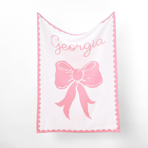 Personalized Name Knit Baby Blanket Custom Woven Bow Design Soft Minimal Comfort Throw for Newborn Infant Toddler