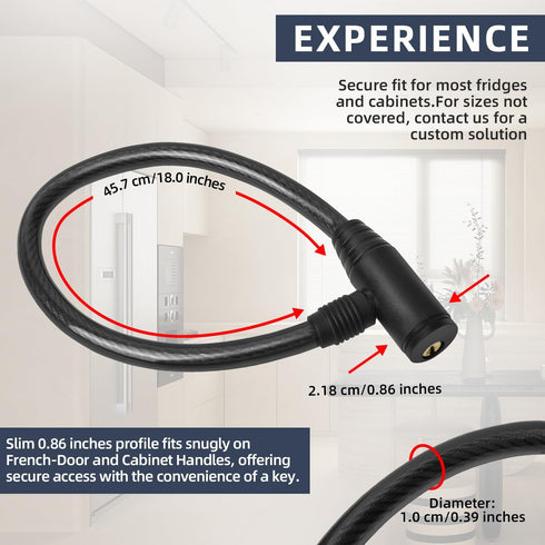 Secure Black Refrigerator Lock with Keys, 19.7" Childproof Cable Lock for French Door Fridge & Cabinet