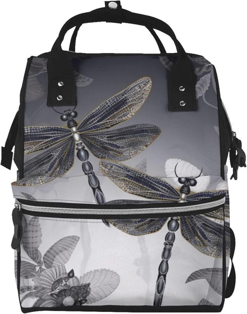 FHEDVBN Dragonflies Grey Diaper Bag Backpack for Women Multifunction Waterproof Mummy Backpacks for