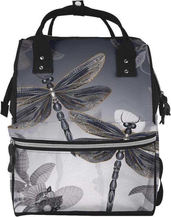 FHEDVBN Dragonflies Grey Diaper Bag Backpack for Women Multifunction Waterproof Mummy Backpacks for