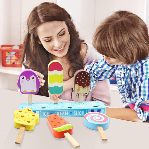 Wooden Ice Cream Toy Set for Kids, Toddler Pretend Play Food Ice Lolly Pops, Educational Gifts for Ages 3-6