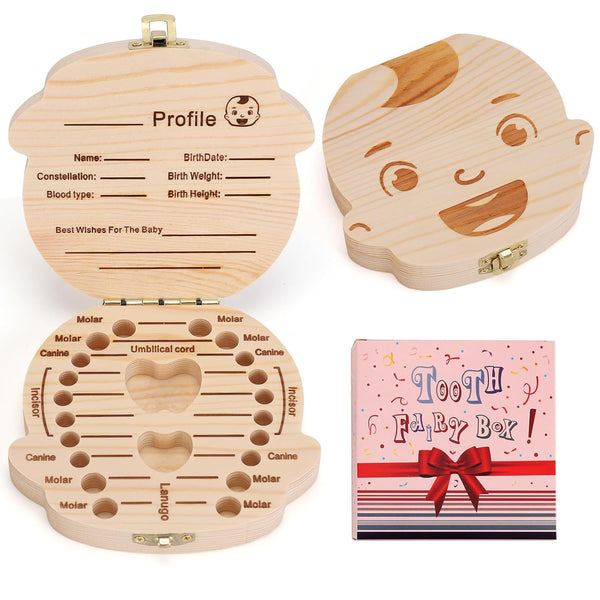 NASHRIO Baby Tooth Box, Wooden Kids Keepsake Organizer Gift for Baby Teeth, Boy