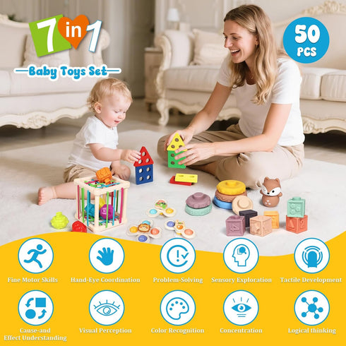 18-36 7-in-1 Set LearnToy Baby Toys Months, Montessori Activity - Stacking Blocks, Infant Teething Toy & Sensory Bin