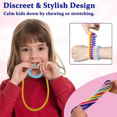 Stretchy Coil Chew Necklaces and Bracelets - 16 Pack Teething Toys for Sensory Kids with Autism, Reduce Anxiety