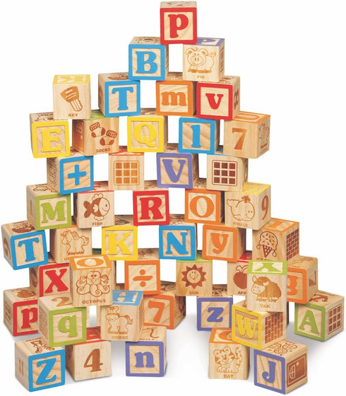 Maxim Deluxe Wooden ABC Blocks, Extra-Large Engraved Baby Alphabet Letters, Counting & Building Set
