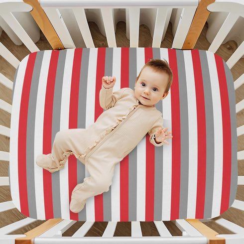 Pigsaly 27x39 Inch Crib Sheets Red White Grey Stripe Baby Sheet for Standard Crib Mattress Boys Girls Toddler Bed