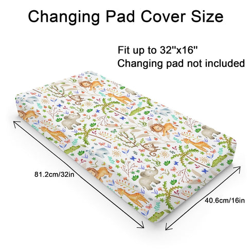 Safari Jungle Animals Trees Changing Pad Cover Lion Elephant Giraffe Monkey Hippo Sun Leaves Baby Diaper Change Table Sheets for Boy Girl Soft Breathable Stretch Fitted Changing Table Mats 32''x16''