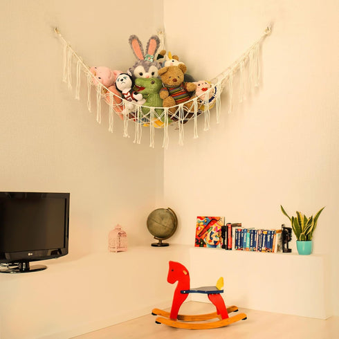 Boho Stuffed Animals Net or Hammock, Large 55 Inch Toy Hammock for Plush Toy Storage, White