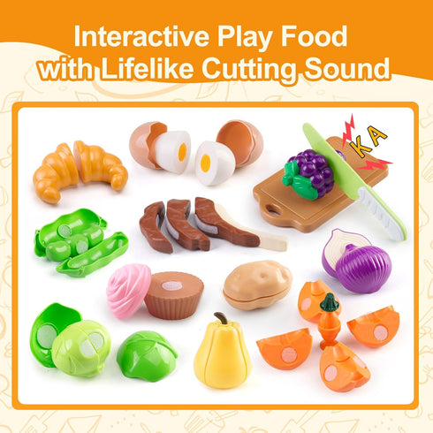 Funpynani 100Pcs Playset, 2 Kitchen Kids Pretend Cooking Play Pots, Pans, Utensils, Cookware, Toy Food Fruits Veggies