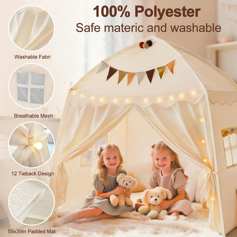 59x39x59in Cozy Large Kids Play Tent Indoor with Padded Mat Lights - Teepee Playhouse with Flags Storage Bag - Reading