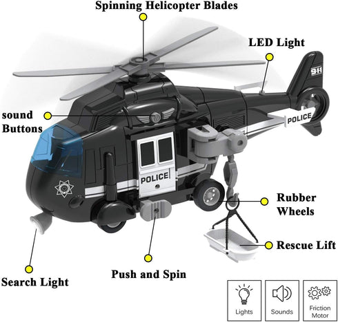 Liberty Imports Police Rescue Helicopter Friction Powered Toy Vehicle for Boys | Push and Go Chopper with Pretend Play