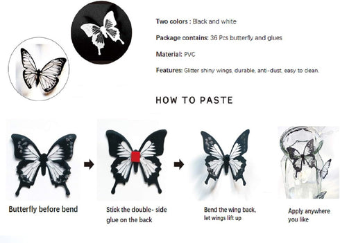 Butterfly Wall Stickers Decal - 36 PCS 3D Black and White Butterfly Stickers with Adhesive for Baby Kids Bedroom