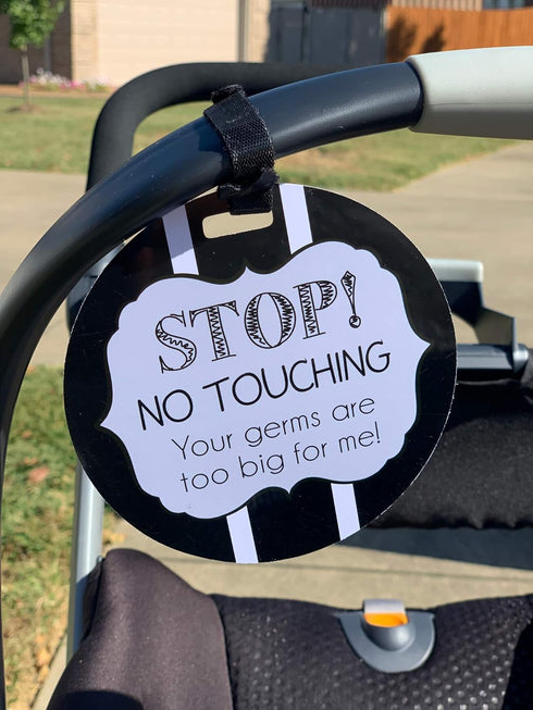 THREE LITTLE TOTS Black and White Stop No Touching Baby Car Seat Sign, CPSIA Safety Tested Stroller Tag