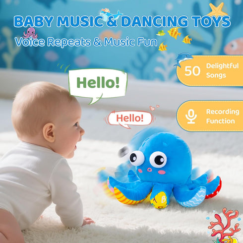 JoySpark Toys 6-12 12-18 50 1-2 Tummy 1 Baby Toys Months, Musical Crawling Toys Bouncing Dancing Octopus Plush Toys