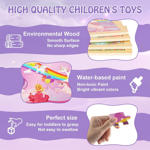 Wooden Puzzles Toys for Kids Ages 3-5, Set of 4 Packs with 20-Piece Unicorn Mermaid Princess Jigsaw Puzzles,