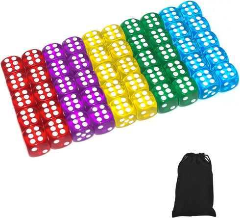 50 Pack 14MM 6 Sided Dice Set - Translucent Colors Dice with Black Pouch for Board Game