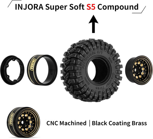 INJORA Black Coating Brass 1.0 Beadlock Wheel Tires Set for Axial SCX24 AX24 TRX4M FCX24 Upgrade 1/24 1/18 RC Crawler