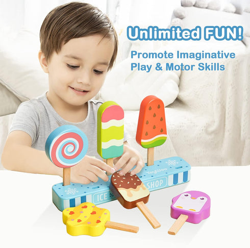 Wooden Ice Cream Toy Set for Kids, Toddler Pretend Play Food Ice Lolly Pops, Educational Gifts for Ages 3-6