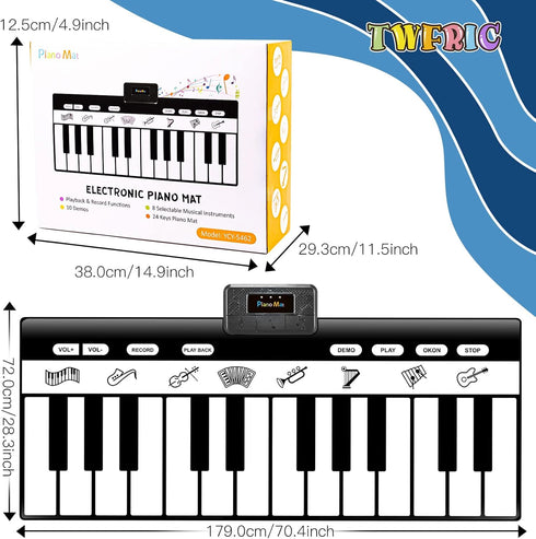 TWFRIC 6ft. Piano Mat with 24 Keys, 10 Demos, 8 Musical Instruments Sounds, 4 Play Modes, Giant Dance Floor
