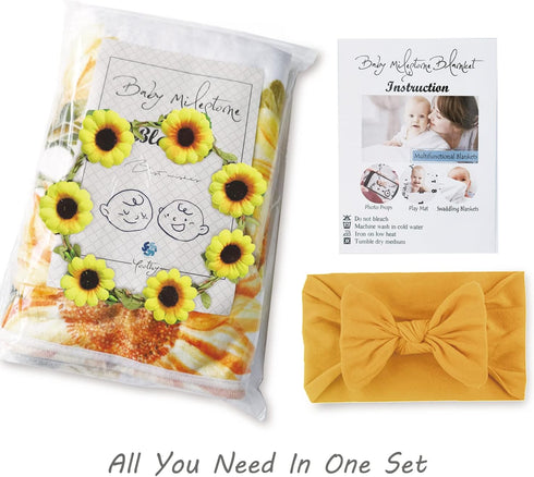 Sunflower Baby Monthly Milestone Blanket, Floral Newborns Month Blanket Gift with Wreath & Headband