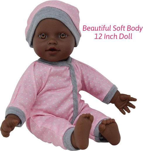 African American Doll Travel PlaySet - Baby Doll Car Seat Carrier Backpack with 12 Inch Soft Body Doll & Accessories