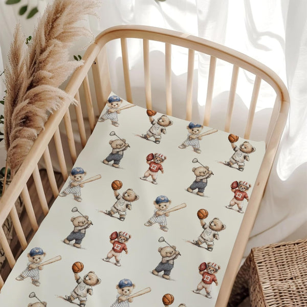 Wicbfdfv Cute Sport Bears Golf Baseball Basketball Fitted Baby Crib Sheet for Boys