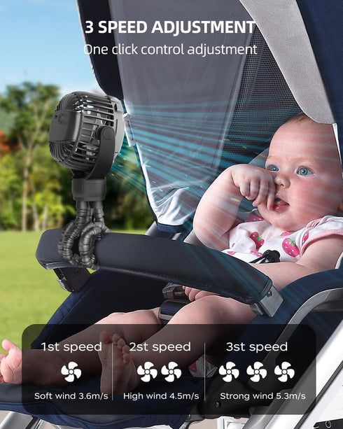 TUNISE 4000mAh, 360 3-Speed, Stroller Fan, Rechargeable with TYPE-C Port, Rotatable, Flexible Tripod, Clip Anywhere