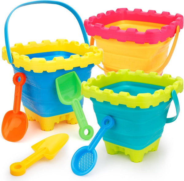 7 PCS Castle Foldable Beach Sand Buckets Toy Set with Shovels, 3L Silicone Collapsible Bucket for Kids, Camping Gear