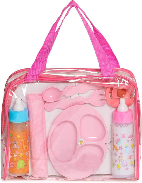 13-Piece Set Set 1218 My Sweet Baby Doll Feeding & Diaper Bag Disappearing Milk Bottles, Bibs, Pacifiers, Diapers