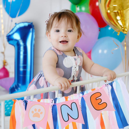 1st Blue Dog Highchair Banner for First Birthday Party Decorations Orange Navy Blue Dog Paw High Chair Tassel Garland