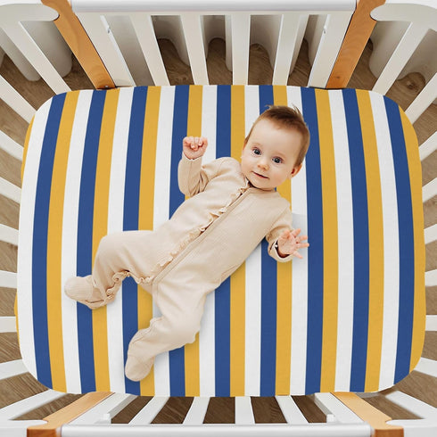 Pigsaly 28x52 inch Crib Sheets White Yellow Blue Stripe Baby Sheet for Standard Crib Mattress Boys Girls Toddler Bed