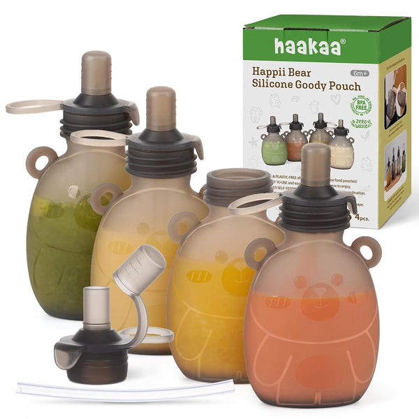 Haakaa Happii Bear Silicone Goody Pouch,Reusable Baby Food Pouches for Homemade Organic