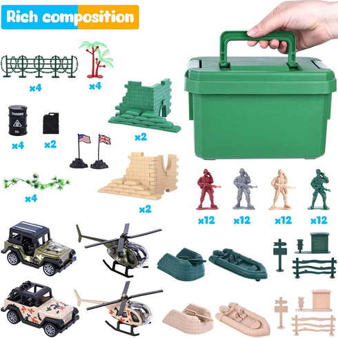 3 Otters 115PCS Military Soldier Set - Army Men Playset with Box, Jeep, Helicopter & Action Figures