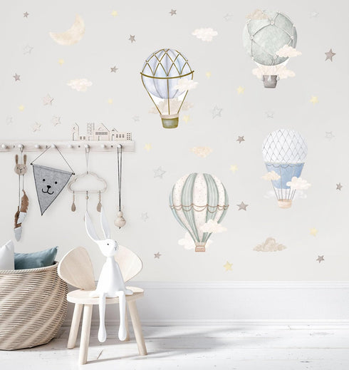 YIMEHDAN Watercolor Hot Air Balloon Wall Decals, Stars Clouds Balloon Vinyl Wall Stickers, Peel and Stick Colorful