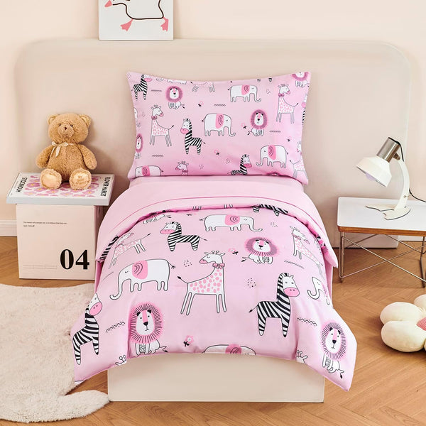 URBONUR 4-Piece Toddler Bedding Set - Ultra Soft Cartoon Pink Zoo Animals