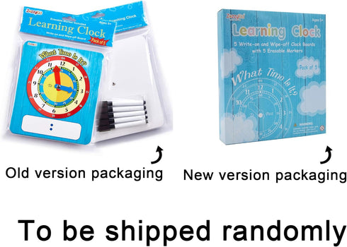 Time Learning Analog Clock for Kids - Pack of 5 (7 x 8 Inches) with 5 Erasable Markers