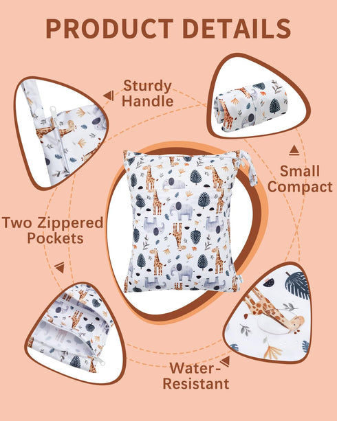 3 Pack, Clothes(Giraffe,Cactus),3LN39-B babygoal Animal Wet Dry Bags Waterproof Travel Bags for Swimsuits, Beach, Pool