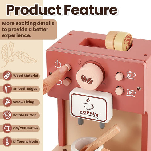 Playset 3 4 5 BUYGER Toy Coffee Maker for Kids, Wooden Coffee Pretend Play Kitchen Accessories Gifts for Ages Year Old